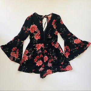 Floral open back bell sleeve romper